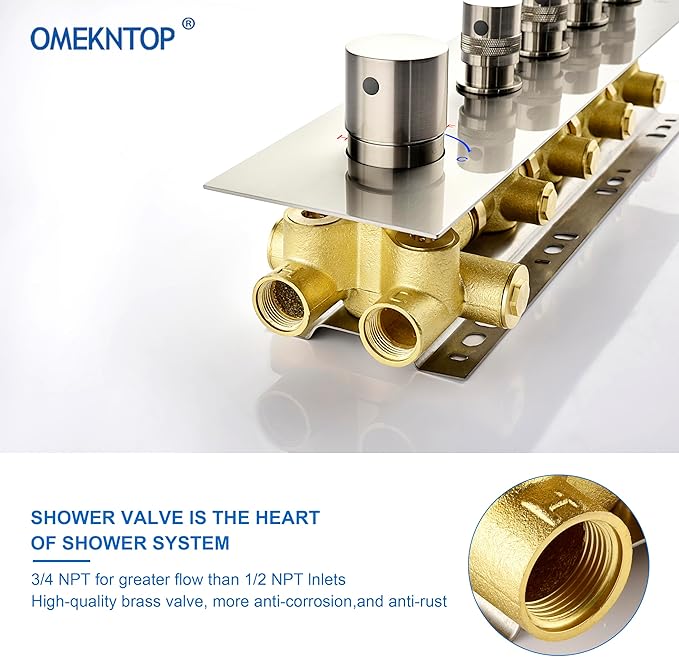 Brass Brushed-Nickel 4-Way Thermostatic Shower Diverter Valve - 4 Function Mixer with Individual On/Off Flow Control for Shower Arm & Kit