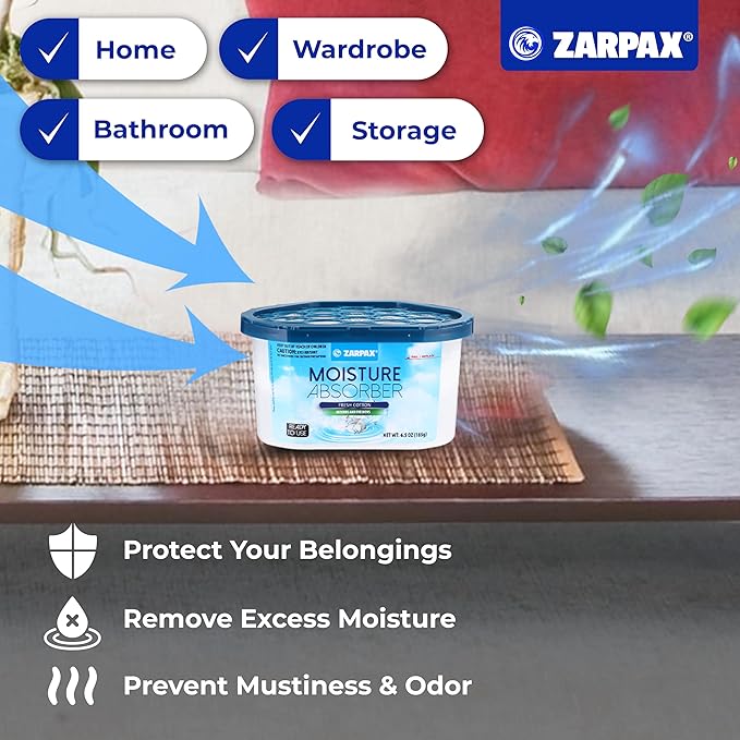 Moisture Absorber Fresh Cotton 6.5 oz/185g | Removes Moisture, Damp & Humidity | Odor Absorber With Fresh Cotton Fragrance | Moisture Trap for Bathroom, Closet, Kitchen | Set of 6