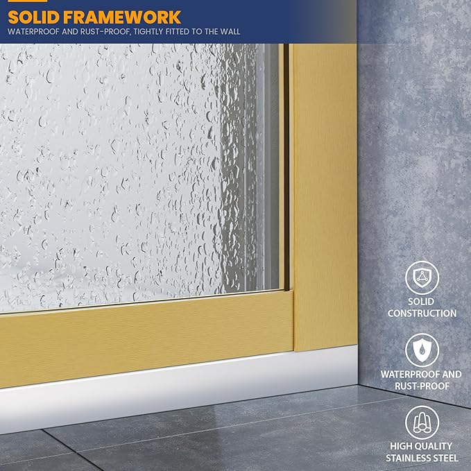 Glass Shower Panel, 36" W x 76" H Semi-Framed Fixed Shower Panel in Brushed Gold with 5/16"(8mm) Clear Tempered Glass Door, Simple Shower Door Panel for Bathroom