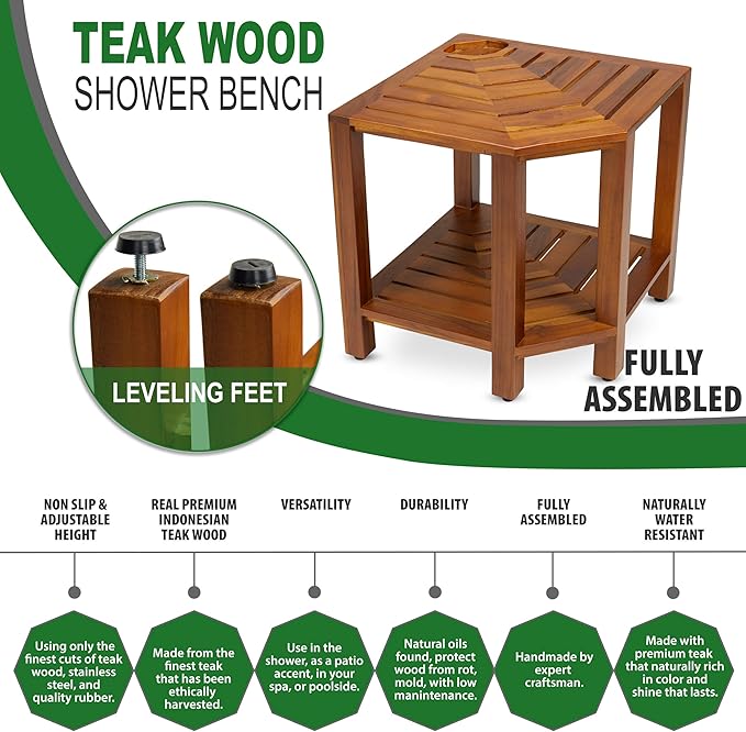 TeakCraft Teak Corner Shower Bench with Basket 17.5 Inch, Fully Assembled. The TeakRa
