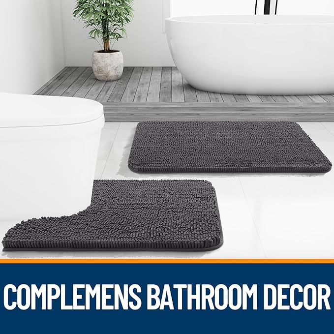 OLANLY Bathroom Rugs 47x24, Extra Soft Absorbent Chenille Bath Rugs, Rubber Backing Quick Dry, Machine Washable Bath Mats for Bathroom Floor, Tub and Shower, Home Decor Accessories, Dark Grey