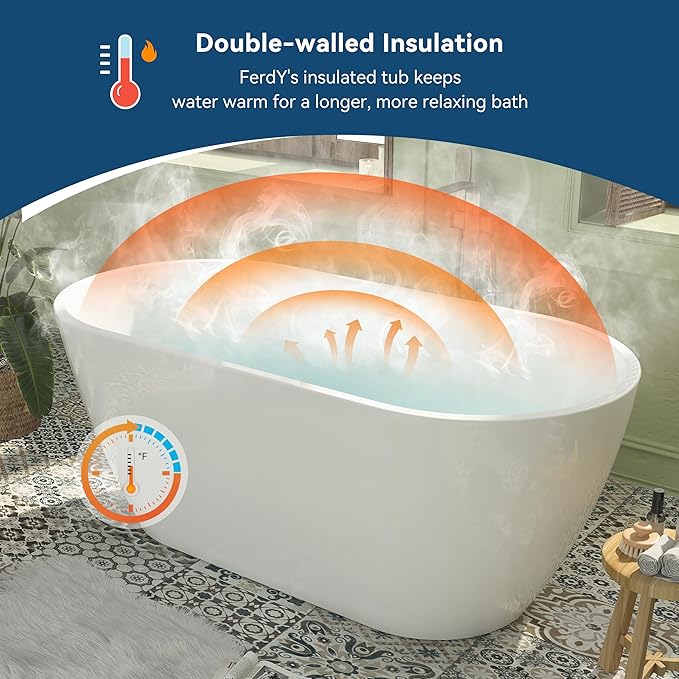 FerdY 59" Bali Elite Acrylic Freestanding Bathtub, Gracefully Shaped Freestanding Soaking Bathtub, cUPC Certified, Toe-Tap Chrome Drain and Minimalist Linear Design Overflow Included
