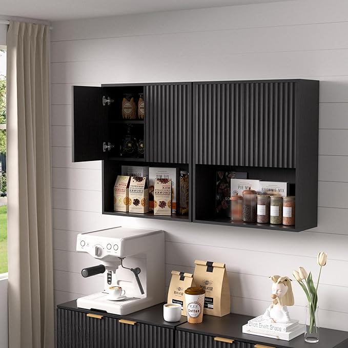 Fluted Bathroom Wall Cabinet Over The Toilet Storage,Wall Mounted Cabinet with Adjustable Shelf,Floating Cabinet Organizer Hanging Cabinet,Kitchen and Laundry Room Cabinets (Black-2 PCS)