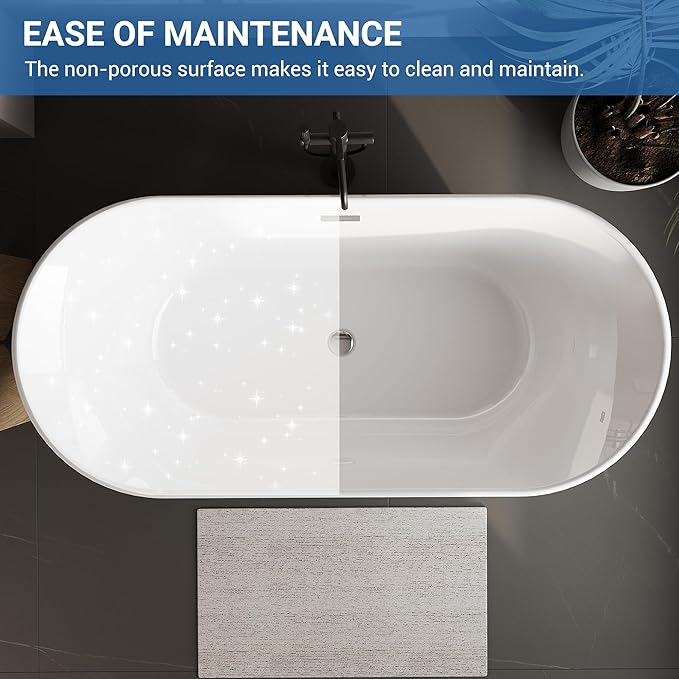 Freestanding Bathtub 67 Inch Acrylic Soaking Tub – Gray Exterior White Interior Oval Free Standing Tub with Chrome Drain & Overflow for Modern Bathrooms