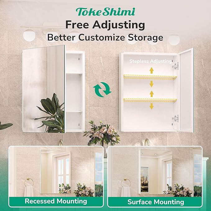 TokeShimi 16x26 Farmhouse Medicine Cabinet Recessed or Surface Mount Aluminum, Tempered Mirror with Adjustable Storage, White Bathroom Mirror Medicine Cabinet Frameless Metal Modern