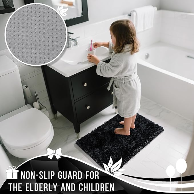 Yimobra Long Bathroom Rugs Runner 70x24 Inch, Extra Thick Soft Absorbent Chenille Bath Mat, Non Slip Machine Washable, Quick Dry Bath Rugs for Bathroom Floor, Tub and Shower, Black