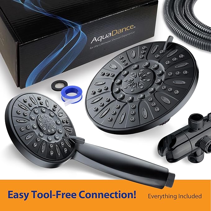 AquaDance for California - 7" Premium High Pressure 3-Way Rainfall Combo for Best of Both Worlds - Luxury 6-Setting Rain Showerhead and Hand Held Shower Separately or Together - Matte Black Finish