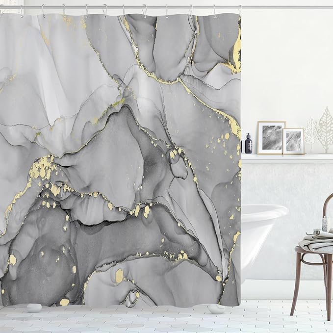 Extra Long Shower Curtain 72 x 84 Inch, Grey Tall Abstract Marble Shower Curtains for Bathroom, Modern Luxury Art Decor Ink Texture Fabric Shower Curtain Set with Hooks