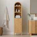 67" Tall Arched Bathroom Narrow Storage Cabinet with Adjustable Shelf, Farmhouse Freestanding Tower Cabinet with Door and Drawer, Space Saving Organizer for Kitchen, Living Room, Natural Oak