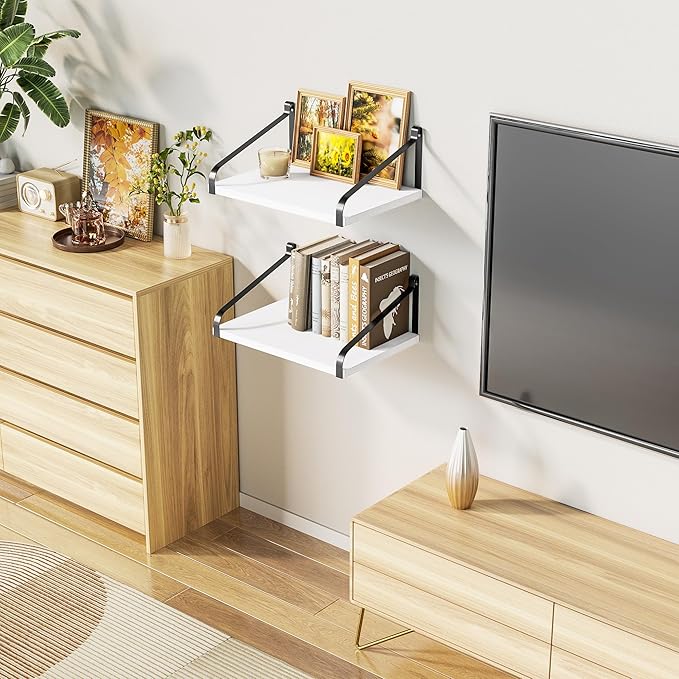 Love-KANKEI Floating Shelves Wall Mount Rustic Wood Wall Shelves with Large Storage L16.5 x W12 inch for Kitchen Living Room Bathroom Bedroom Set of 2 White