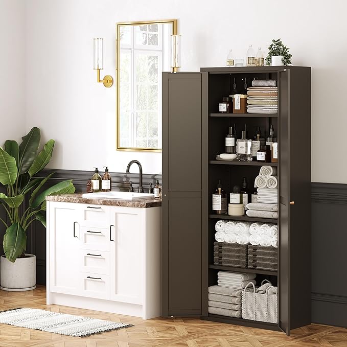 71" Tall Kitchen Pantry Storage Cabinet,Black Metal Storage Cabinets with Doors and Adjustable Shelves,5 Tier Kitchen Cupboard for Dining Room Office Bathroom