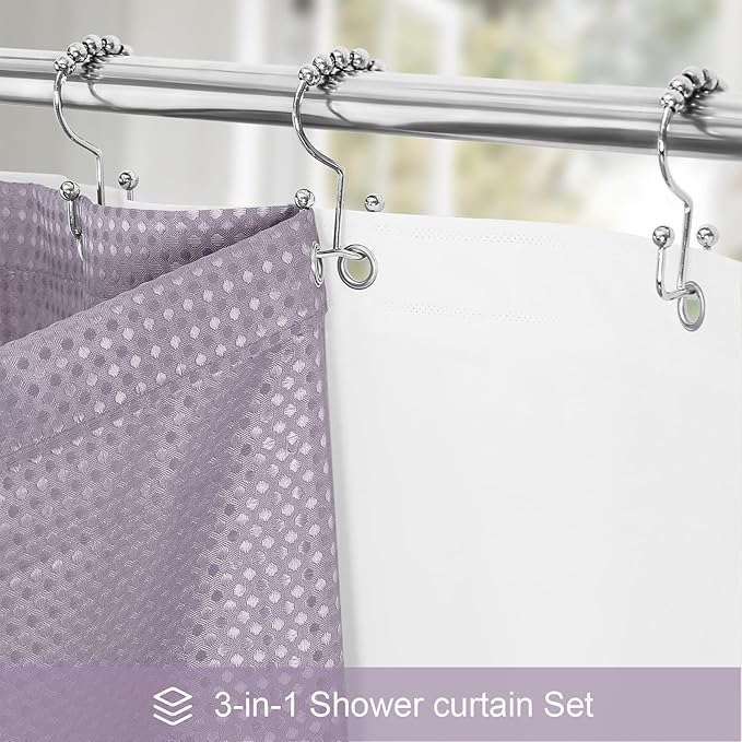 3 in 1 Shower Curtain Set, Purple Waffle Shower Curtain and PEVA Liner Set with 12 Stainless Steel Shower Curtain Hooks, Lavender Waterproof Fabric Shower Curtains for Bathroom, 72 W x 72 H