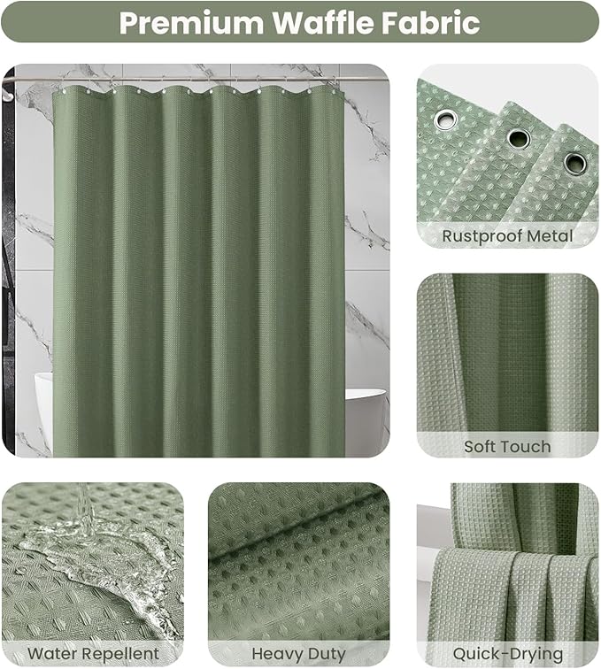 Inhousolu Fabric Shower Curtain Waffle Weave, Sage Green 230 GSM Heavy Duty, Weighted Hem, 14 Metal Hooks, Water Repellent, Machine Washable, Hotel Spa Luxury Bath Curtain Set, 72 x 72 Inch