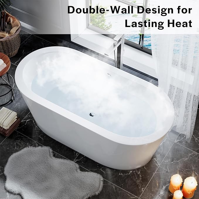 Empava Bathtub, 59" Soaking Tub, Acrylic Free Standing Tub with Center Drain and Overflow,Contemporary Design Bathtubs for Bathroom, cUPC Certified, Glossy White (Pack of 1)