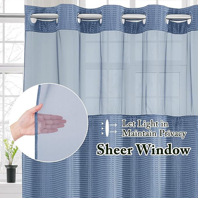 Gibelle No Hook Waffle Weave Shower Curtain with Snap-in Fabric Liner Set for Bathroom, Hotel Style with Mesh Top Window, Waterproof & Washable, Moonlight Blue, 72x74