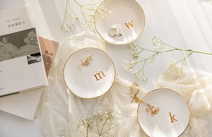 COLLECTIVE HOME - Ceramic Jewelry Tray, Decorative Trinket Dish for Rings Earrings Necklaces Bracelet Watch Keys, Birthday Mother's Day Christmas Gift for Women, 4.75", White Surface (L)