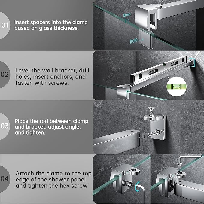 Frameless Shower Door Support Bar, Stainless Steel Wall-to-Glass Support Arm to Fixed Shower Glass Panel, for 1/4"-3/8" (6-10 mm) Door, 180° Pivot & Stow-Flat Mode (Chrome, 19.7-inch(500mm))