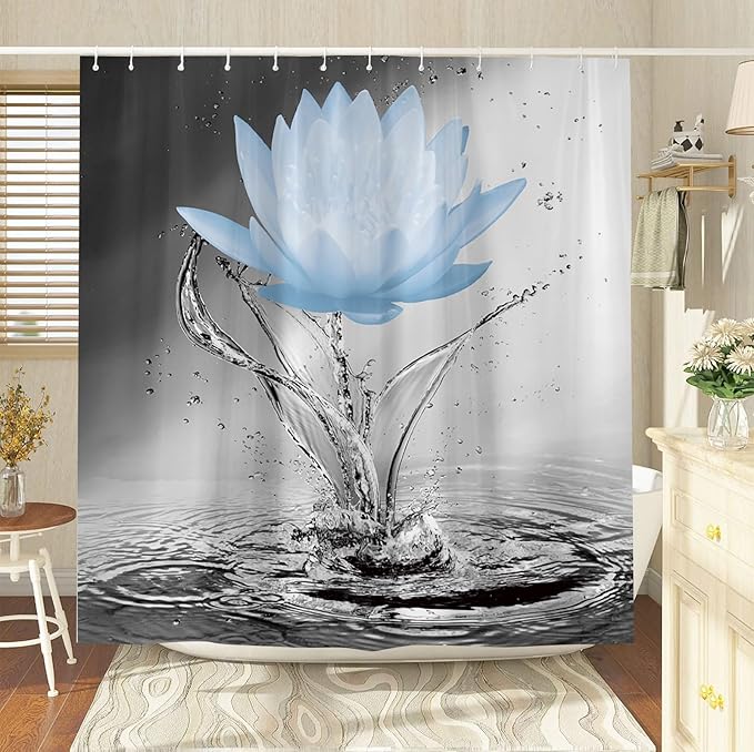 Lotus Shower Curtain Black White Grey Blue Flower Elegant Blooming Floral with Dew Spring Flower Reflection on Water Modern Romantic Polyester Fabric Bathroom Decor 70×84 Inch with Hook