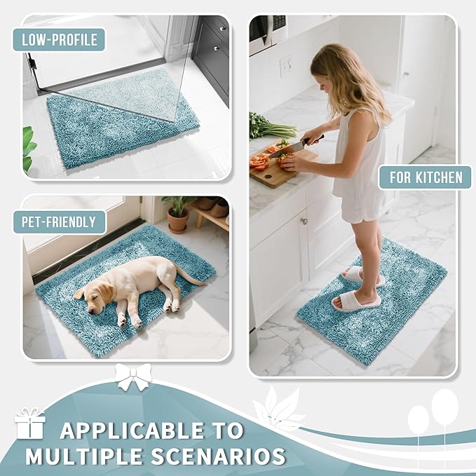 Yimobra Long Bathroom Rug Non Slip 44x24 Inch, Extra Thick Soft Absorbent Chenille Bath Mat, Machine Washable Bath Rugs for Bathroom Floor, Tub and Shower, Home Decor Accessories, Greyish Blue