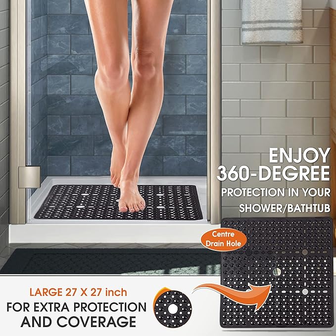 ENKOSI Square Shower Mat 27x27 inch - Large Anti Slip Shower Floor Mat - Non Slip Bathroom Shower Stall Mats with Strong Secure Suction Cups and Drain Holes in Middle Beige Opaque 27x27