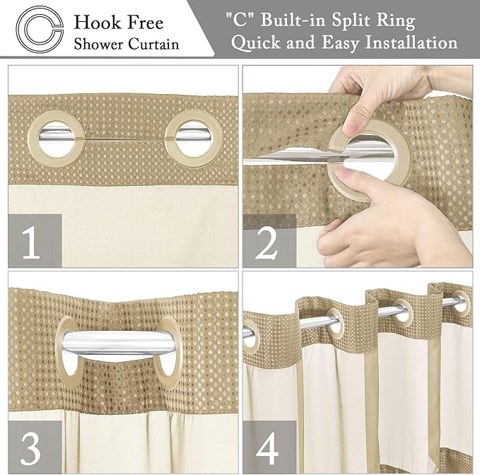Gibelle Long Shower Curtain 72x80, Waffle Weave Bathroom Shower Curtain with Snap-in Fabric Liner Set, No Hooks Needed, Hotel Style with Mesh Top Window, Beige