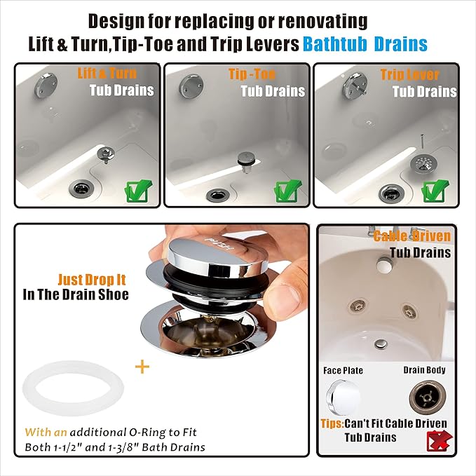 Artiwell Universal Tip Toe Bath Drain Stopper and Cover, Bathtub Drain Stopper, Replaces Lift and Turn, Tip-Toe and Trip Lever drains for Tub, EZ Installation and Clearing (Chrome Plated)