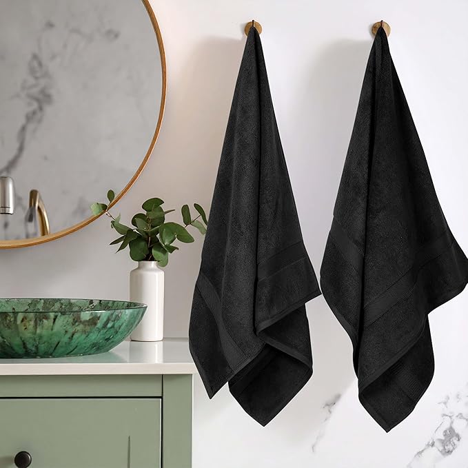 Superior Egyptian Cotton Pile Bath Towel Set of 2, Ultra Soft Luxury Towels, Thick Plush Essentials, Absorbent Heavyweight, Guest Bath, Hotel, Spa, Home Bathroom, Shower Basics, Black