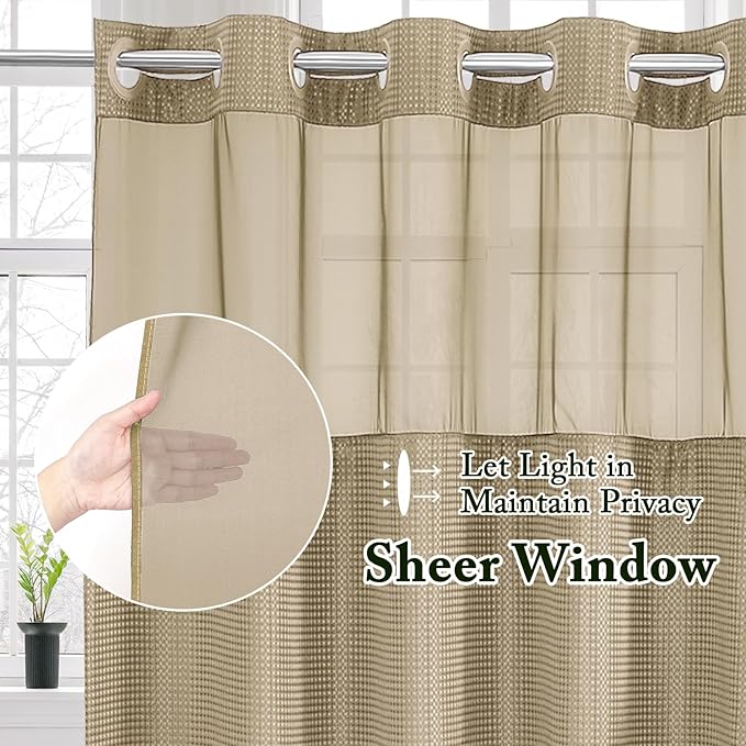 Gibelle Stall Small Shower Curtain 36x74, Waffle Weave Shower Curtain with Snap-in Fabric Liner Set, No Hooks Needed, Hotel Style with Mesh Top Window, Beige