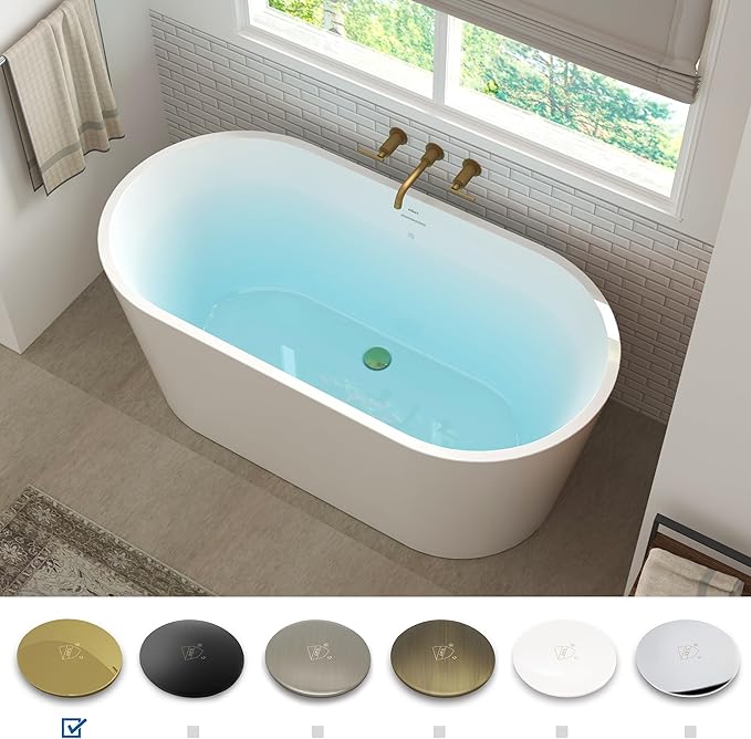 FerdY Shangri-La 55" Acrylic Freestanding Bathtub, Ergonomic Lightweight Classic Oval Soaking Bathtub with Polished Gold Drain, Minimalist Linear Design Overflow, Modern White