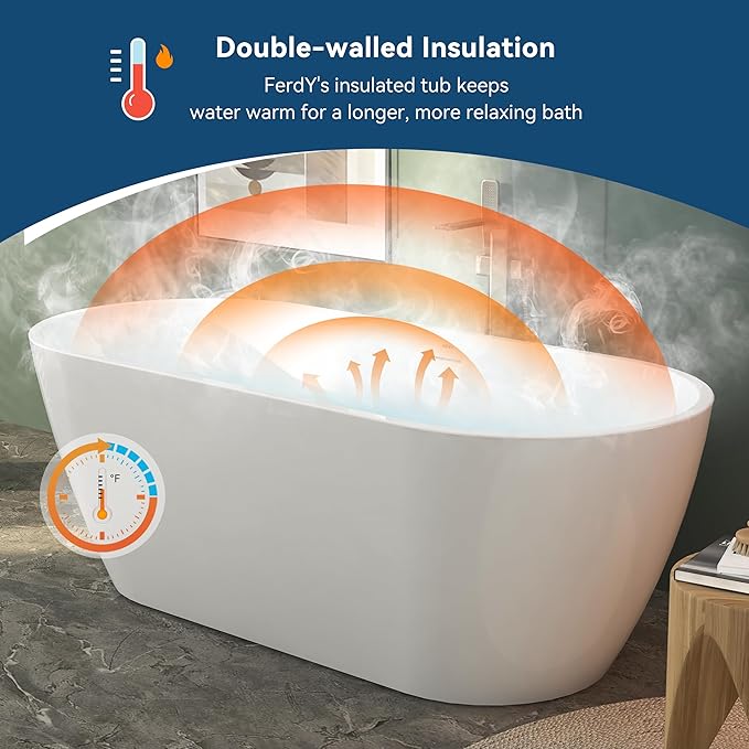 FerdY 67" Bali Elite Acrylic Freestanding Bathtub, Gracefully Shaped Freestanding Soaking Bathtub, cUPC Certified, Toe-Tap Polished Gold Drain and Minimalist Linear Design Overflow Included