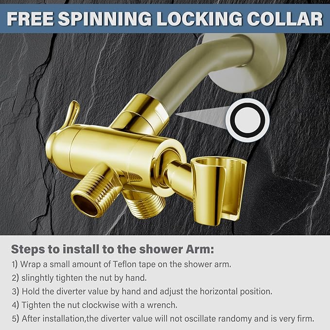 Shower Diverter Valve with Handshower Mount, G1/2 Brass Shower Arm Diverter 3 Way Bathroom Universal Shower System Replacement for Handheld Shower and Fixed Shower Head, Polisded Gold