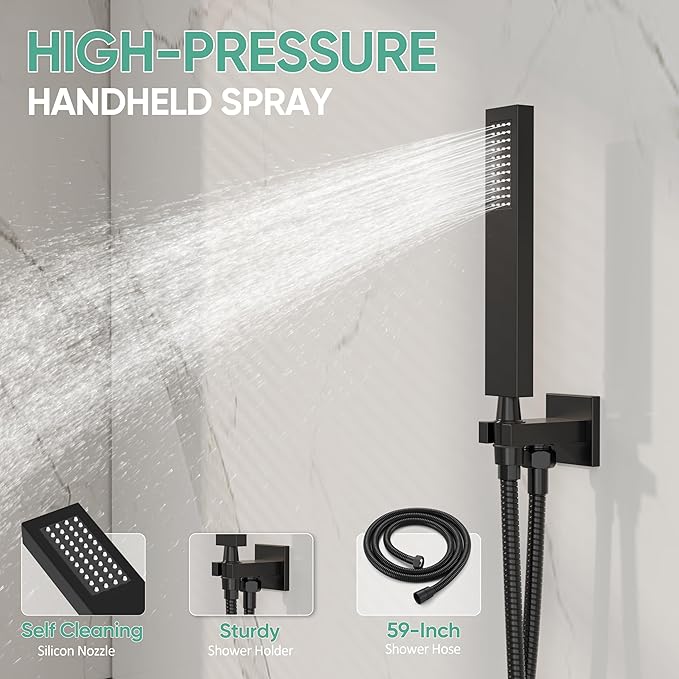 Black Tub Shower System, All Metal Tub Shower Faucet Set with 12" Rain Shower Head and Handheld Spray combo, Wall Mounted Shower Systems with Tub Spout, Valve and Trim Kit, Matte Black
