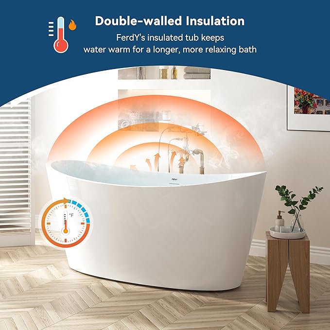 FerdY Naha Elite 59" Acrylic Freestanding Bathtub, Curve Edge Freestanding Soaking Bathtub, Glossy White, cUPC Certified, Brushed Nickel Drain & Minimalist Linear Design Overflow Included, 02588