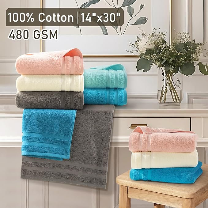 Bath Hand Towels Set of 4, 14"x30" - 100% Cotton | Light Weight | Thick 480 GSM | Soft | Absorbent, Yellow Hand Towels for Bathroom | Showering | Guest Use, Bathroom Essentials & Home Decor