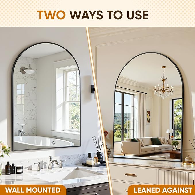 Arched Mirror 24"x36", Bathroom Mirror, Wall Mounted Vanity Mirror with Arch Metal Frame for Bathroom, Over Sink, Bedroom, Living Room, Flat Frame, Black