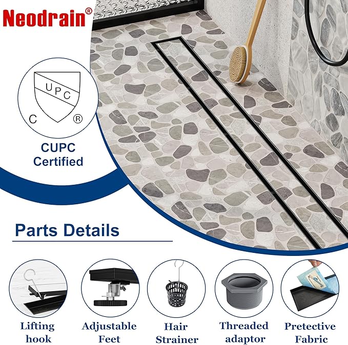 Neodrain 36-Inch Linear Shower Drain with Tile Insert Grate, Matte Black 304 Stainless Steel Rectangle Shower Floor Drain, Linear Drain with Leveling Feet, Hair Strainer