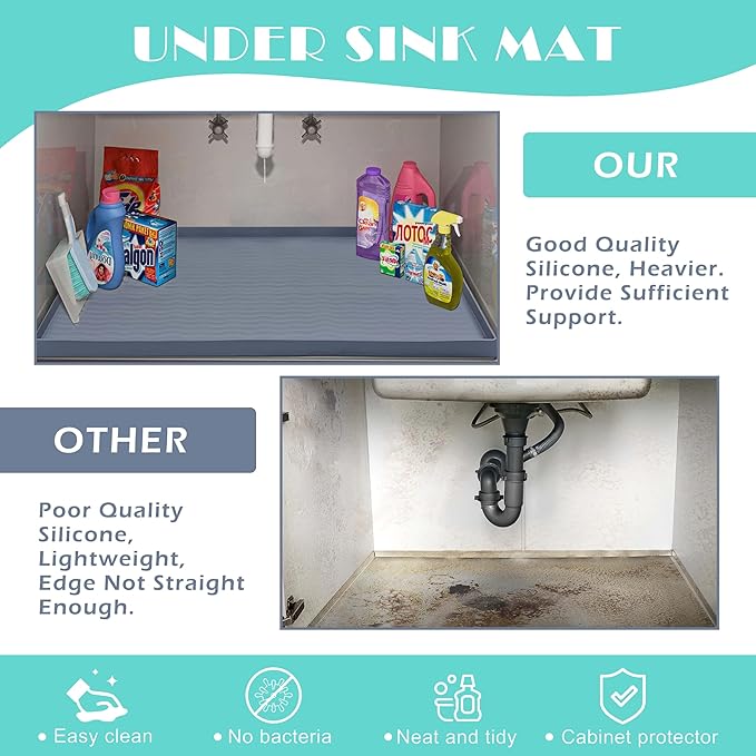 URMONA Waterproof Silicone Under Sink Mat 37'' x 22'' Shelf Liner for Kitchen and Bathroom, Cabinet and Counter Protector, Storage and Organizers, Litter Mat, Pet Cat Puppy Essentials(Black)