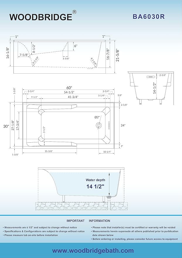 WOODBRIDGE 60" Acrylic Rectangular Alcove Soaking Bathtub in White with Right Drain, Oil Rubbed Bronze pop-UP Drain Included BA6030R