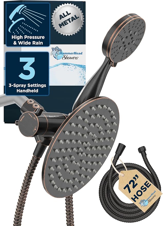 HammerHead Showers Dual Shower Head Combo, 8-Inch Rainfall & 3-Flow Handheld, Oil Rubbed Bronze, 2.5 GPM