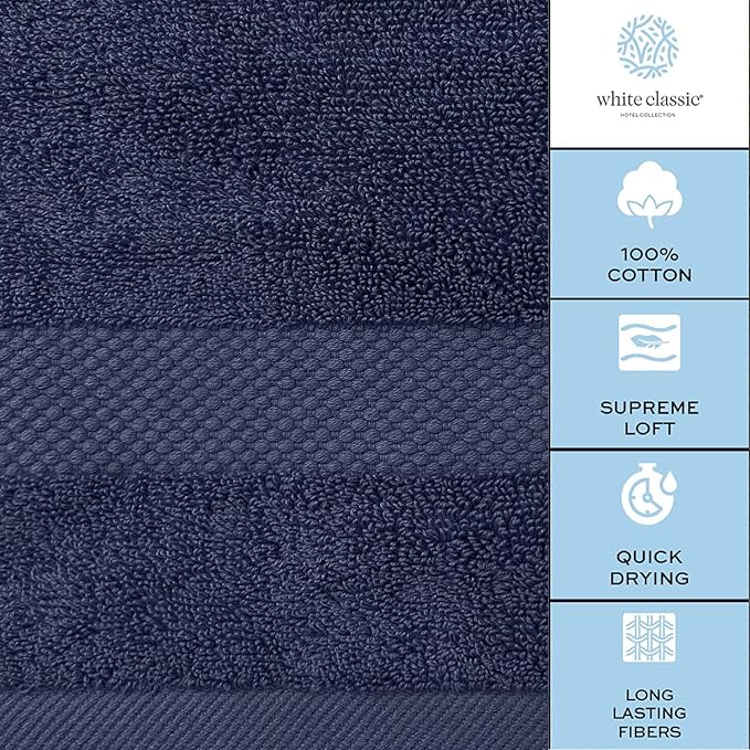 White Classic Luxury Bath Towel Set of 8 Pieces - 100% Turkish Cotton Highly Absorbent Towels for Bathroom, 2 Luxury Bath Towels 700GSM, 2 Hand Towels, 4 Washcloths, Navy