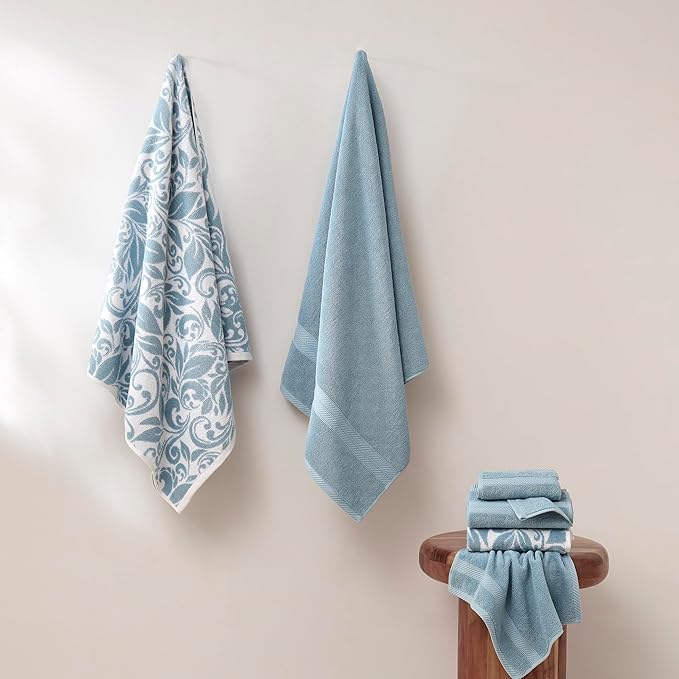 Modern Threads Trefoil Filigree 6-Piece 100% Cotton Towel Set – Reversible Yarn Dyed Jacquard – Includes 2 Bath Towels, 2 Hand Towels, 2 Washcloths – Absorbent, Quick Dry, Soft & Durable – Sky Blue