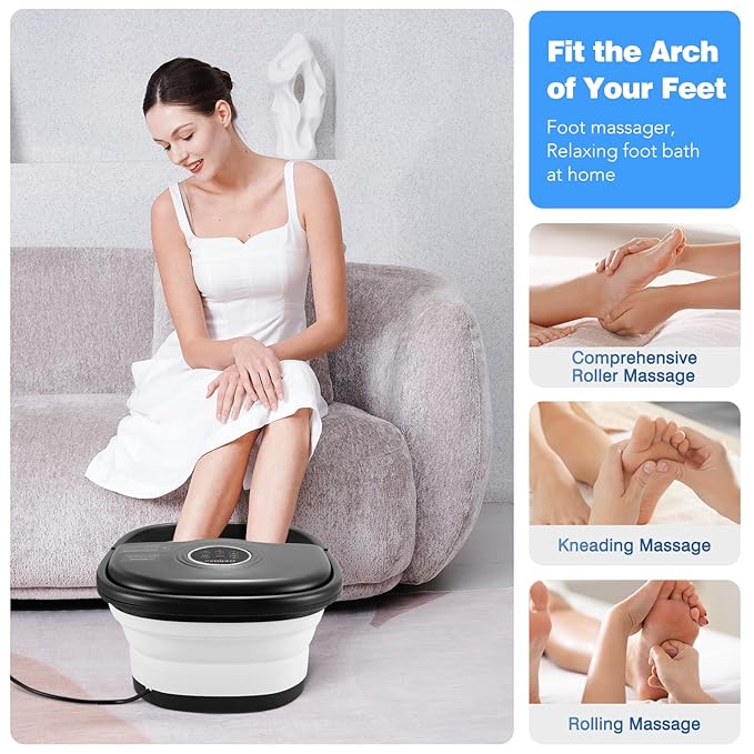 KNQZE Collapsible Foot Spa Bath with Heat, Remote Control, Temperature Control, Bubbles, Pumice Stone, Red Light, Timer, 16 Massage Roller Pedicure Foot Spa Foot Soaker for Soothe & Relax Tired Feet