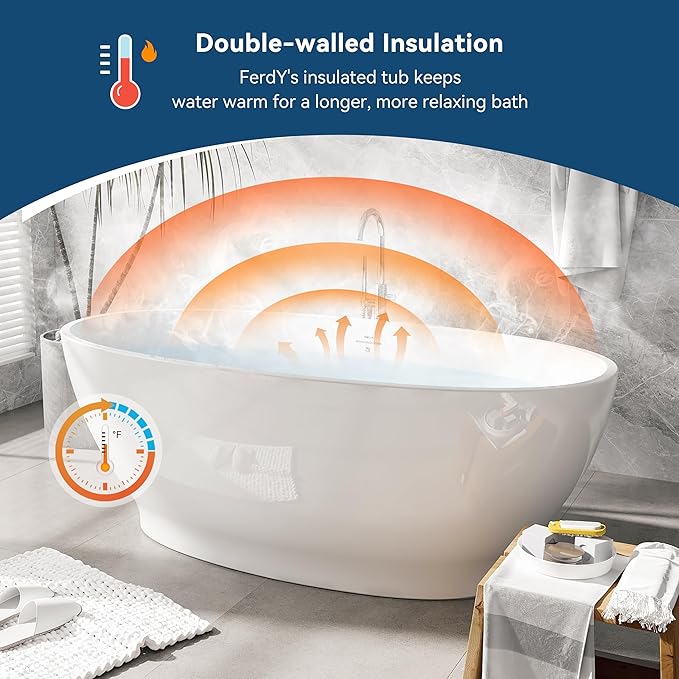 FerdY Koh Samui 65" Freestanding Bathtub, Elegant Oval Shape, Double Walled Insulation Bathtub with Center Polished Gold Drain & Minimalist Linear Design Overflow