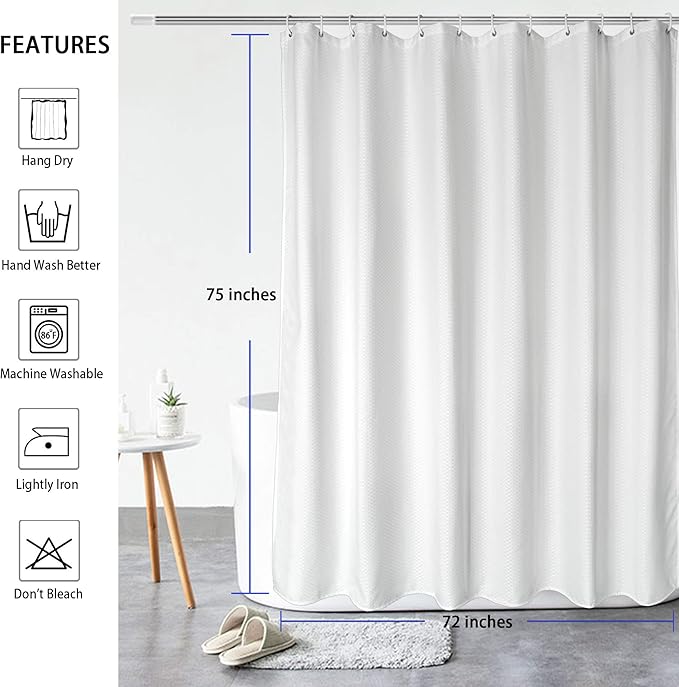 AooHome White Waffle Weave Shower Curtain, 75 Inch Long Heavy Duty Fabric Bath Curtain with Hooks, Weighted Hem, Water Repellent, 72x75 Inch