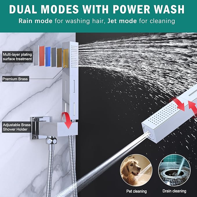ENGA Shower Faucet Set, Dual Head Shower System 10" & 6" Square Rain Shower Heads with 2 in 1 Handheld Spray, 3 Way Water Diverter, Chrome