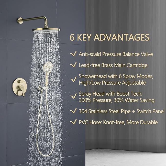 Brushed Gold Shower Faucet Set, Wall Mount Rain Shower System 10 Inches Shower Head and Shower Handheld, Included Pressure Balance Valve and Trim Kit