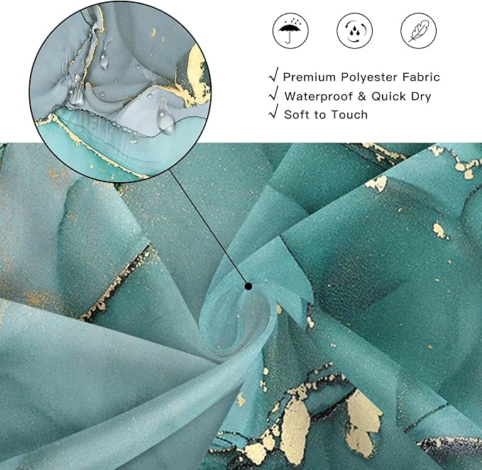 Turquoise Marble Shower Curtain, Teal Modern Abstract Fabric Shower Curtains for Bathroom, Luxury Art Ink Texture Watercolor Aqua Shower Curtain Set with Hooks 72x72