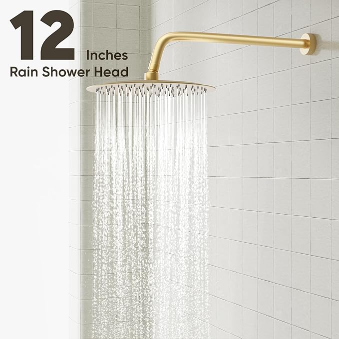 Gabrylly Gold Shower Head System, Shower Faucet Set with Pressure Balance Shower Valve, 12 Inch Shower Heads with 5-Setting handheld Spray Combo Pressure Shower Fixtures Kit, Brushed Gold
