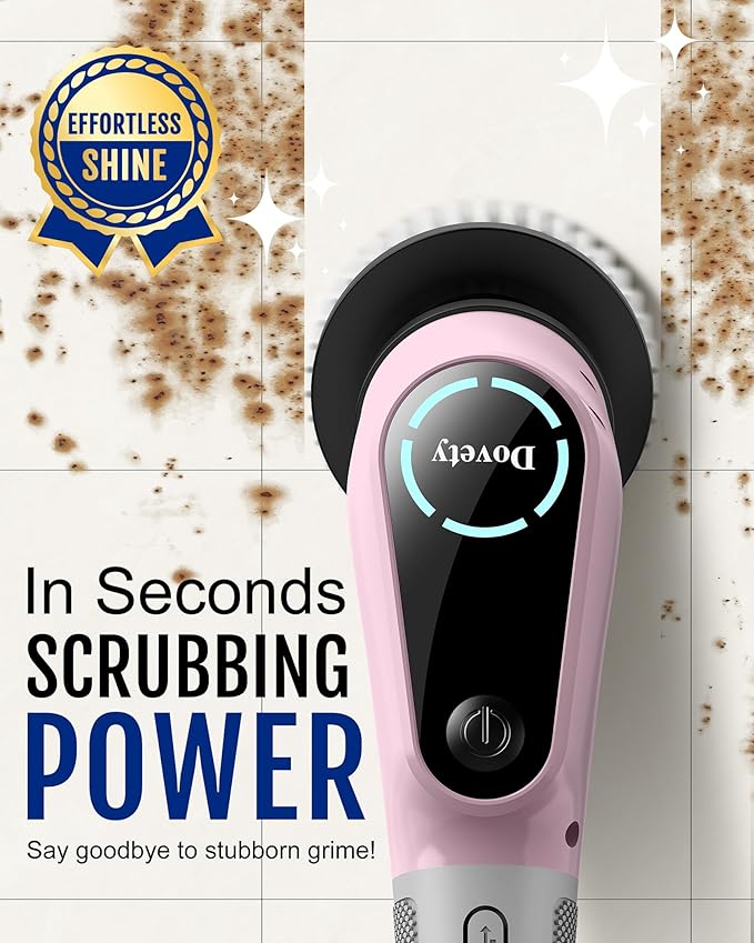 Dovety Electric Spin Scrubber, Cordless Cleaning Brush, Shower Scrubber with 8 Replaceable Brush Head, Power Cleaning Brush with Extension Handle, 2 Adjustable Speed, for Bathtub Grout Tile Floor