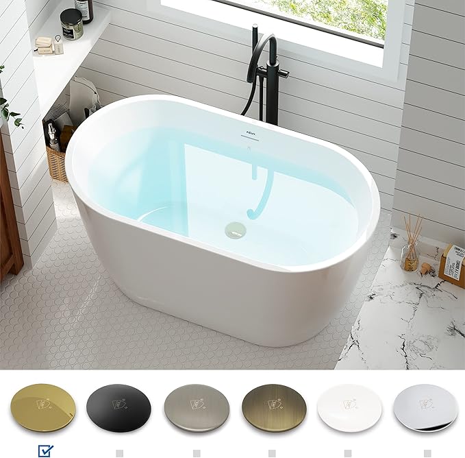 FerdY 47" Bali Acrylic Freestanding Bathtub with Headrest, Gracefully Shaped Soaking Bathtub, cUPC Certified, Toe-Tap Polished Gold Drain& Minimalist Linear Design Overflow& Bath Pillow Included